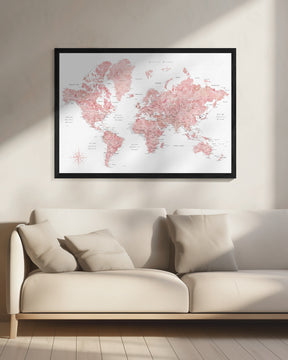 Pink watercolor world map with cities, Alheli Poster