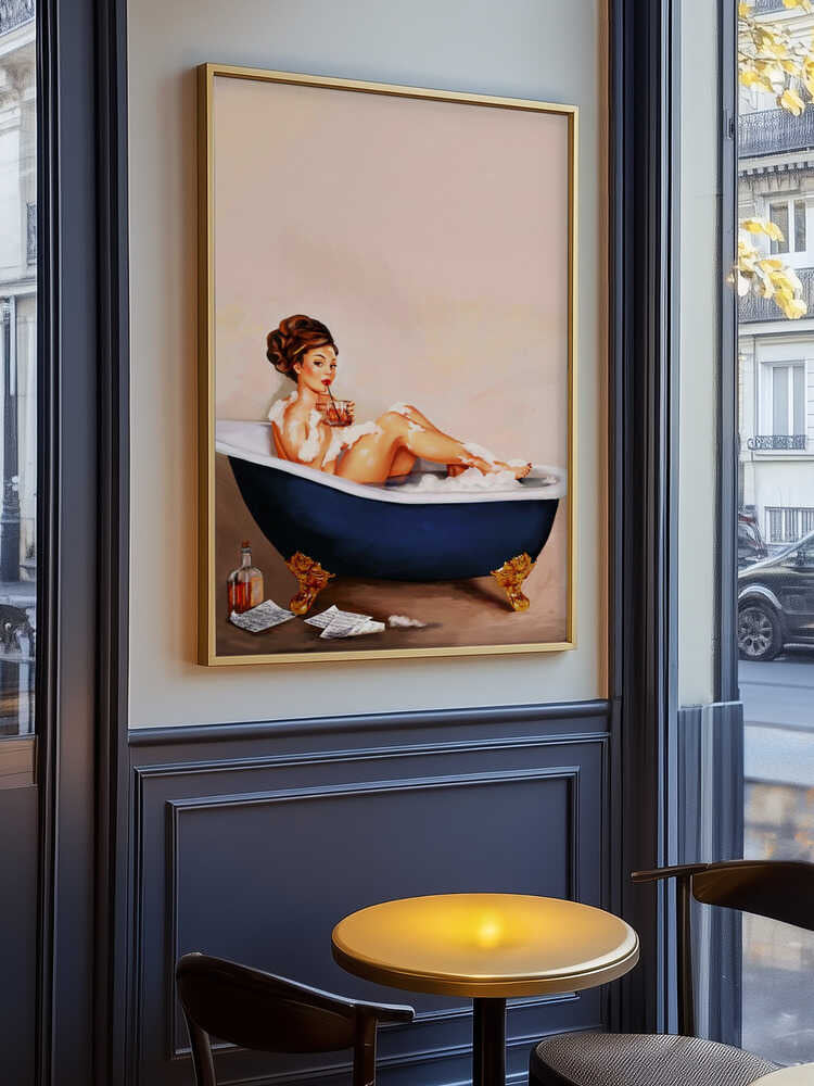 Bathtub Drinks: Pinup Girl Drinking In Bathroom Poster