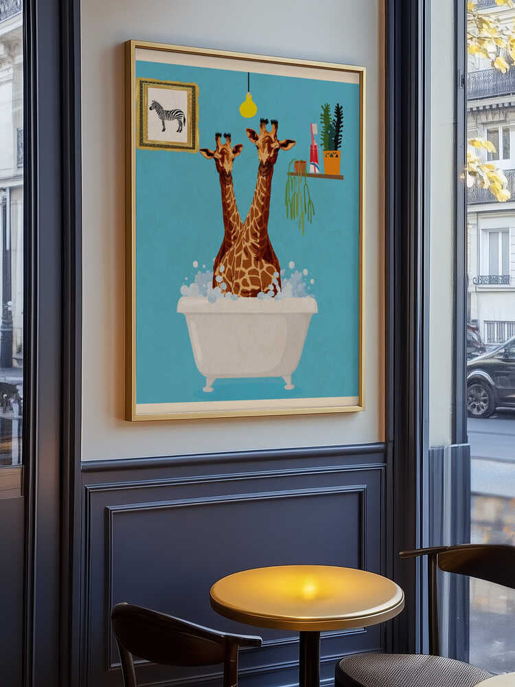 Giraffes In Bath Poster
