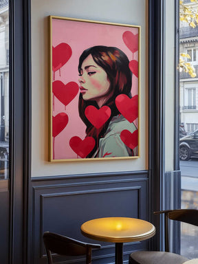 Portrait Of A Woman Surrounded By Red Hearts Poster