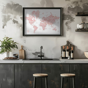 Pink watercolor world map with cities, Alheli Poster