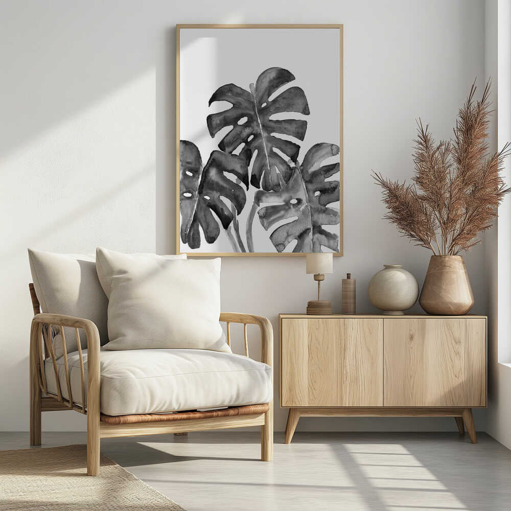Monstera leaves in loose watercolor bw Poster