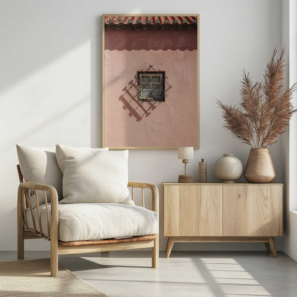 Rustic Pink Wall With A Vintage Window Poster