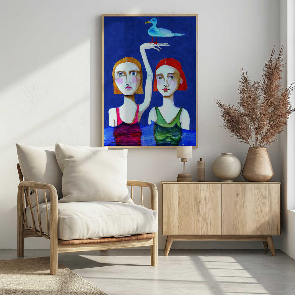 Swimming Ladies with Blue Bird Poster