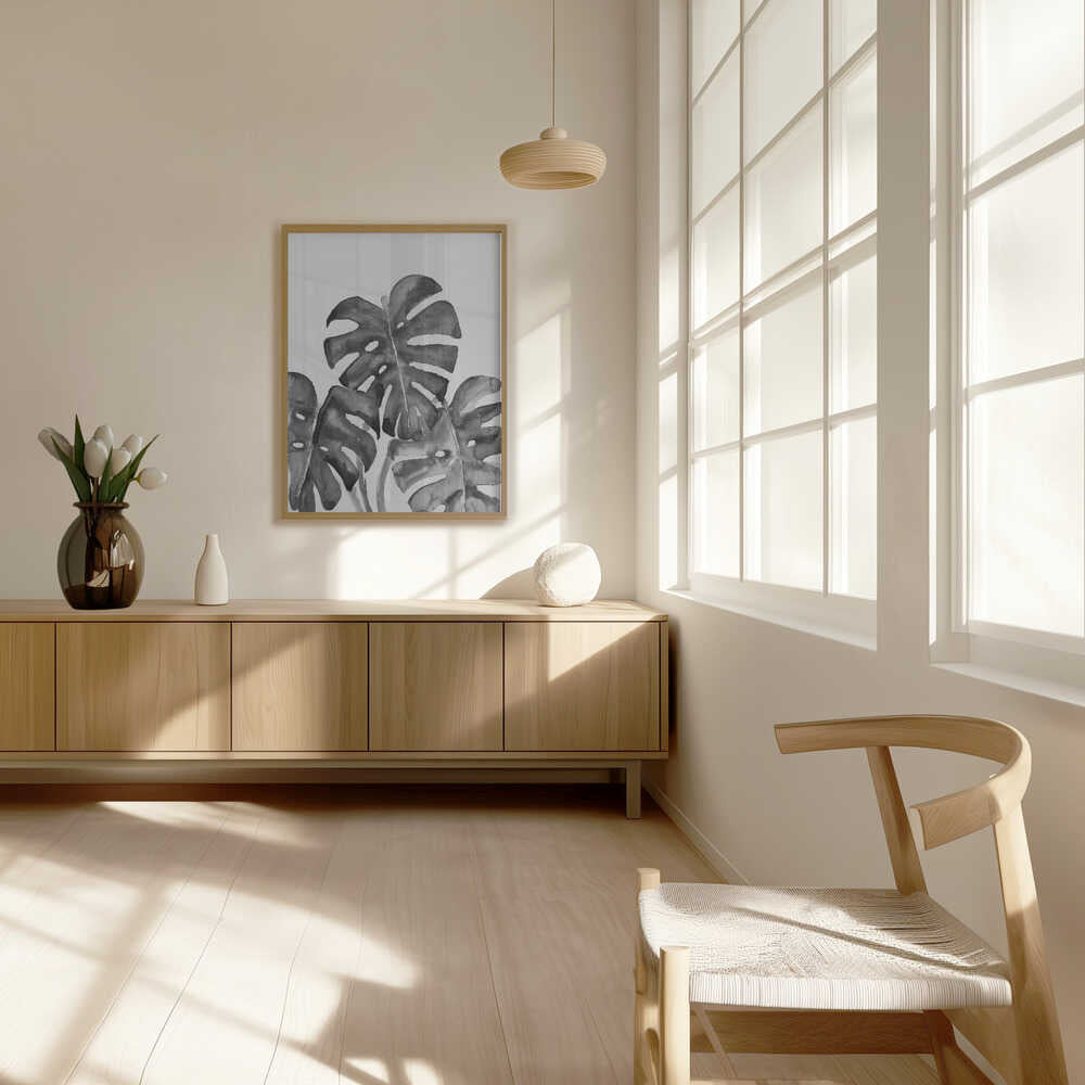 Monstera leaves in loose watercolor bw Poster