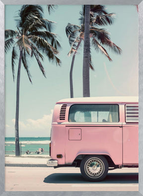 Pink Bus By the Beach Poster