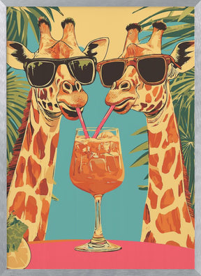 Giraffes Sharing a Drink Poster