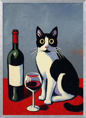 Black and White Cat On Red Table Poster