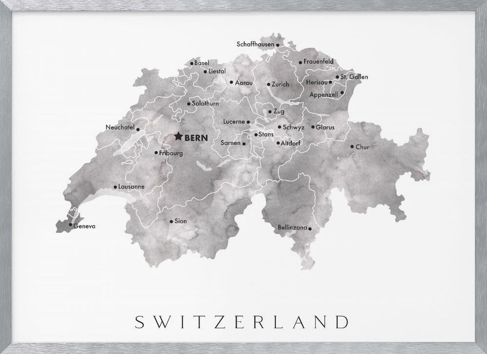 Gray watercolor map of Switzerland Poster