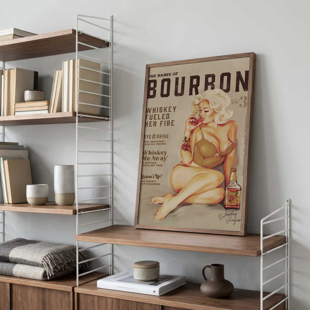 Bourbon Wall Art. Sexy Vintage Pin Up Girl Drinking Whiskey Poster