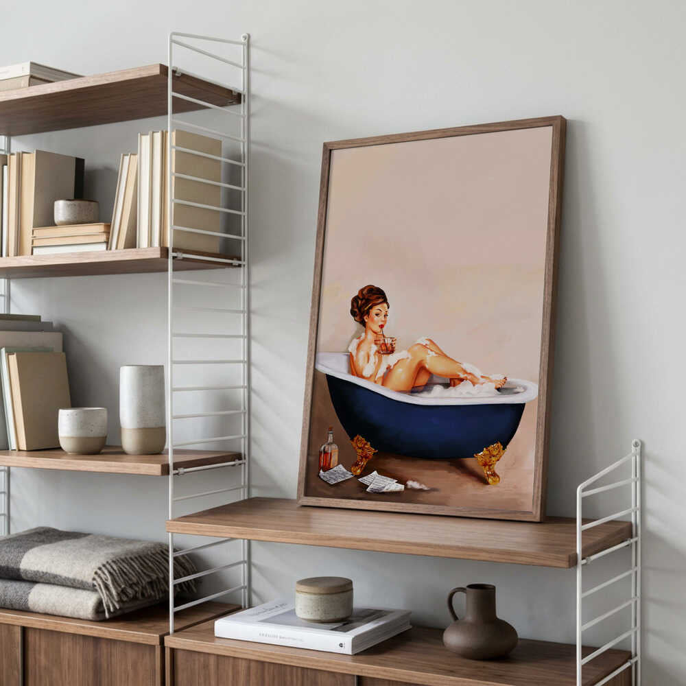 Bathtub Drinks: Pinup Girl Drinking In Bathroom Poster