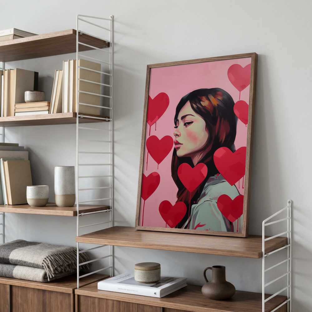 Portrait Of A Woman Surrounded By Red Hearts Poster