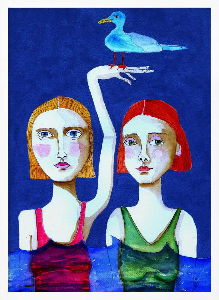 Swimming Ladies with Blue Bird Poster