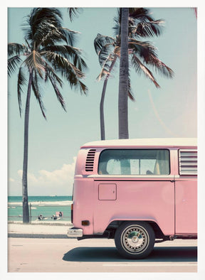 Pink Bus By the Beach Poster