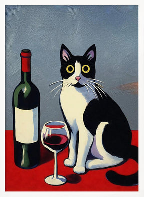 Black and White Cat On Red Table Poster