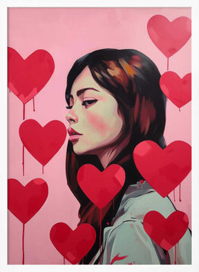 Portrait Of A Woman Surrounded By Red Hearts Poster