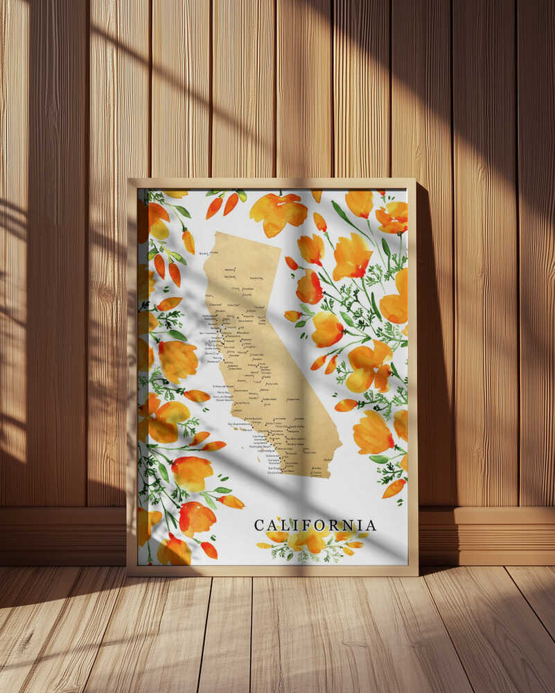 California map with watercolor poppies Poster