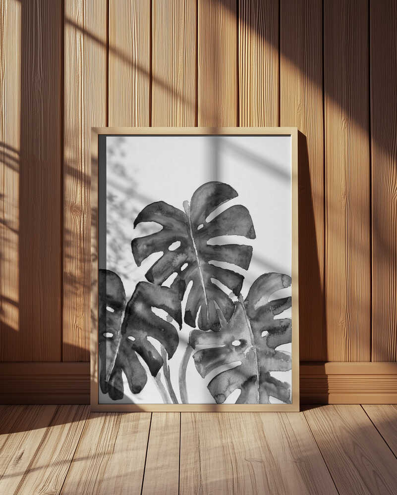 Monstera leaves in loose watercolor bw Poster