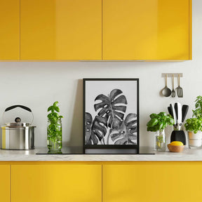 Monstera leaves in loose watercolor bw Poster