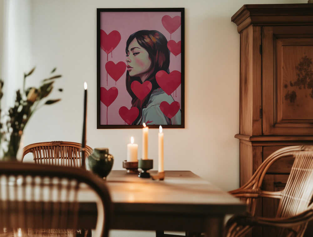 Portrait Of A Woman Surrounded By Red Hearts Poster