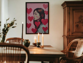 Portrait Of A Woman Surrounded By Red Hearts Poster