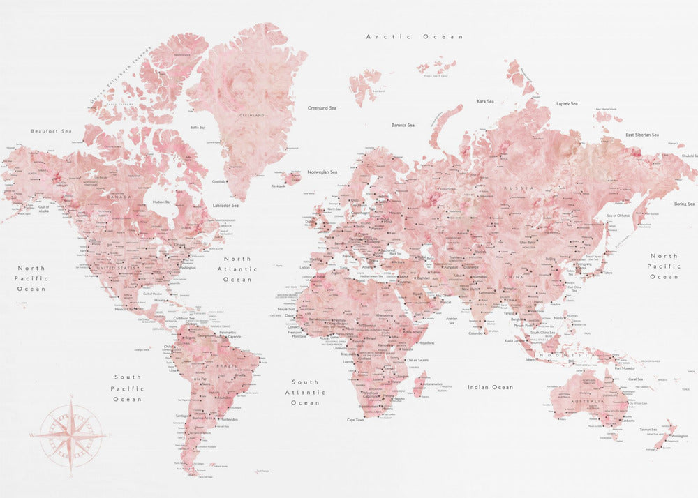 Pink watercolor world map with cities, Alheli Poster