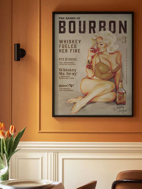Bourbon Wall Art. Sexy Vintage Pin Up Girl Drinking Whiskey Poster