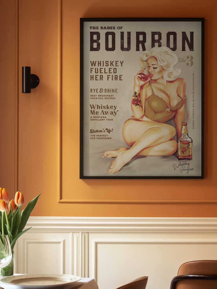 Bourbon Wall Art. Sexy Vintage Pin Up Girl Drinking Whiskey Poster
