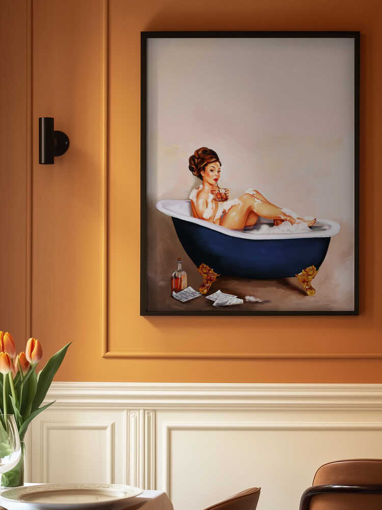 Bathtub Drinks: Pinup Girl Drinking In Bathroom Poster