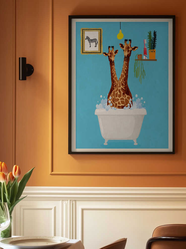 Giraffes In Bath Poster