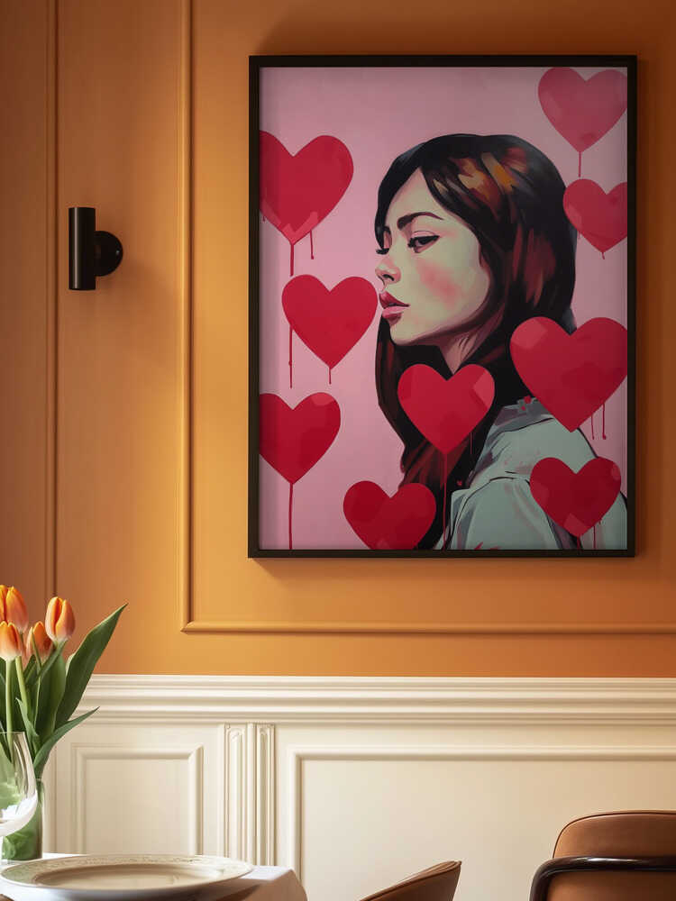 Portrait Of A Woman Surrounded By Red Hearts Poster
