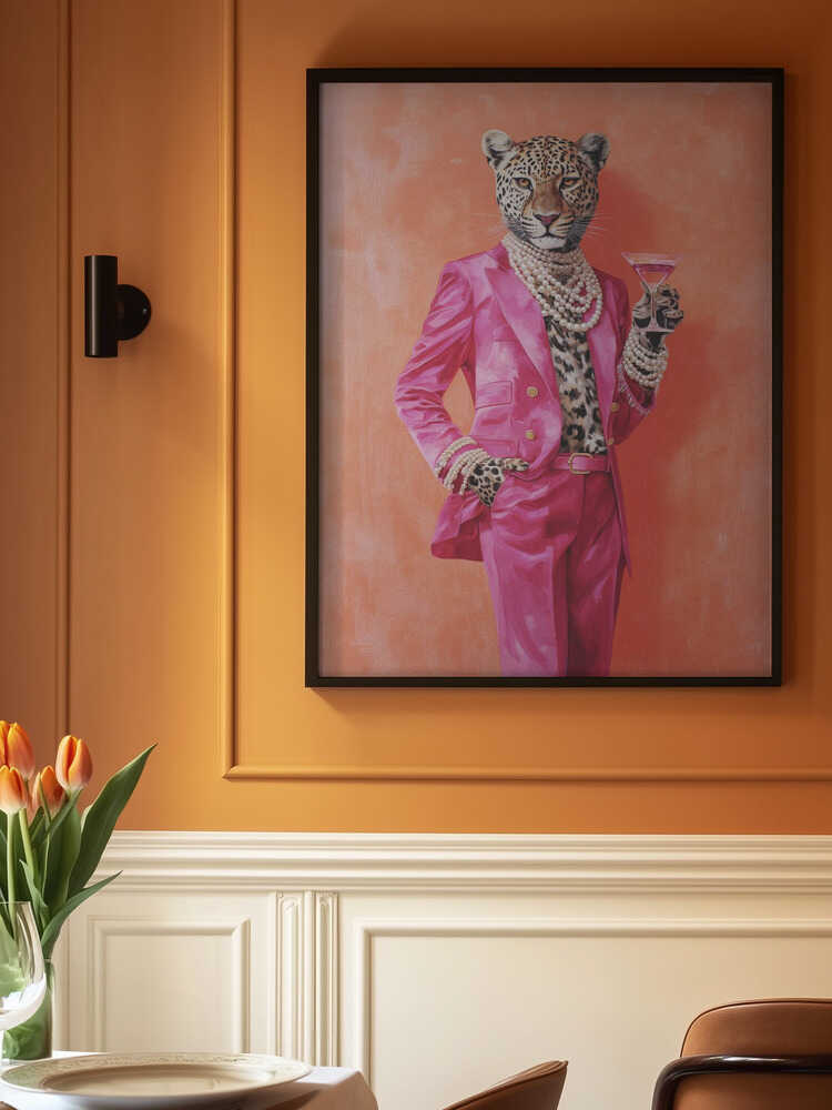 Leopard Dressed In Pink Satin Suit Poster