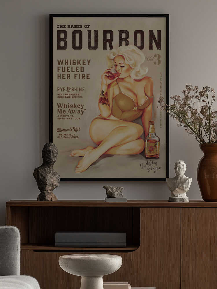 Bourbon Wall Art. Sexy Vintage Pin Up Girl Drinking Whiskey Poster