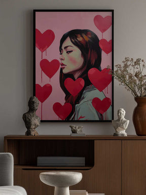 Portrait Of A Woman Surrounded By Red Hearts Poster