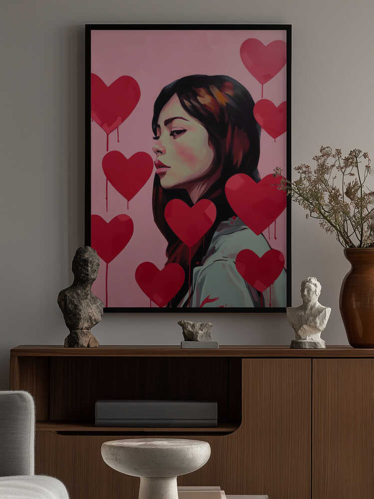 Portrait Of A Woman Surrounded By Red Hearts Poster