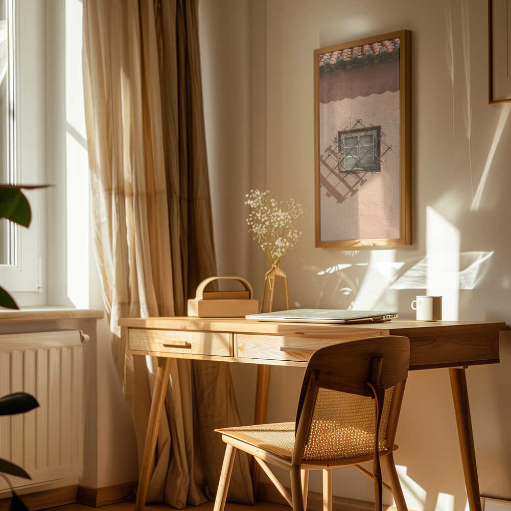 Rustic Pink Wall With A Vintage Window Poster