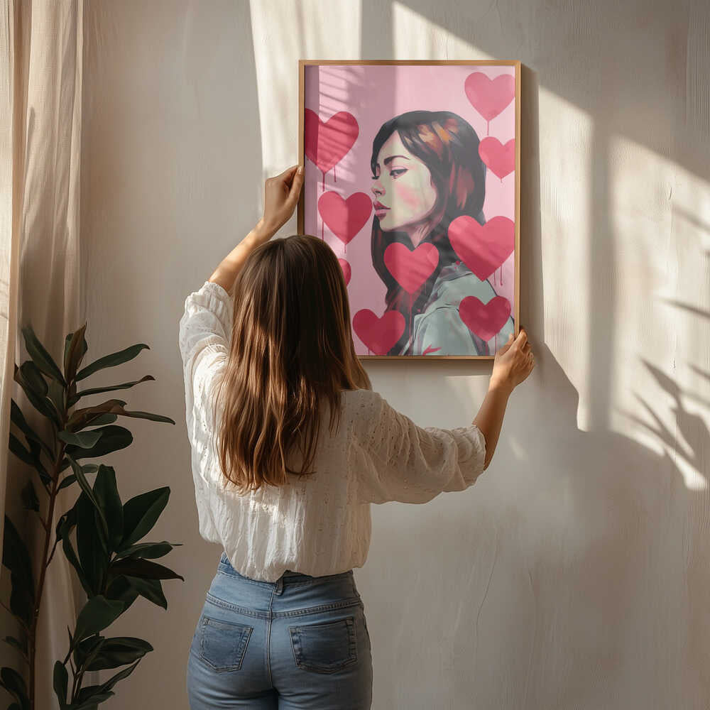 Portrait Of A Woman Surrounded By Red Hearts Poster